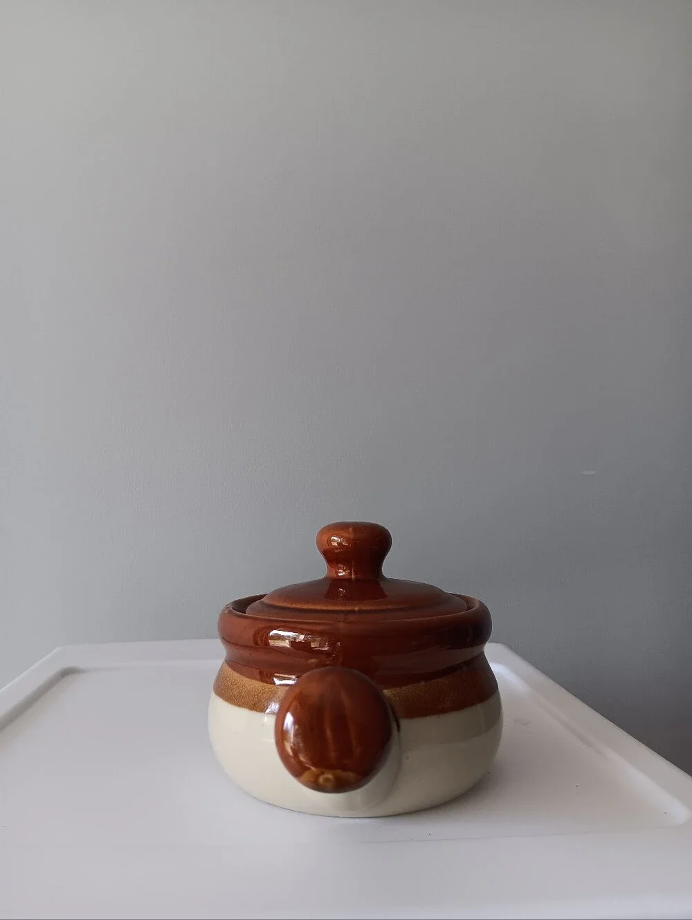 Vintage Handled Ceramic Crock French Onion Soup Bowl & Lid Made in Japan Brown